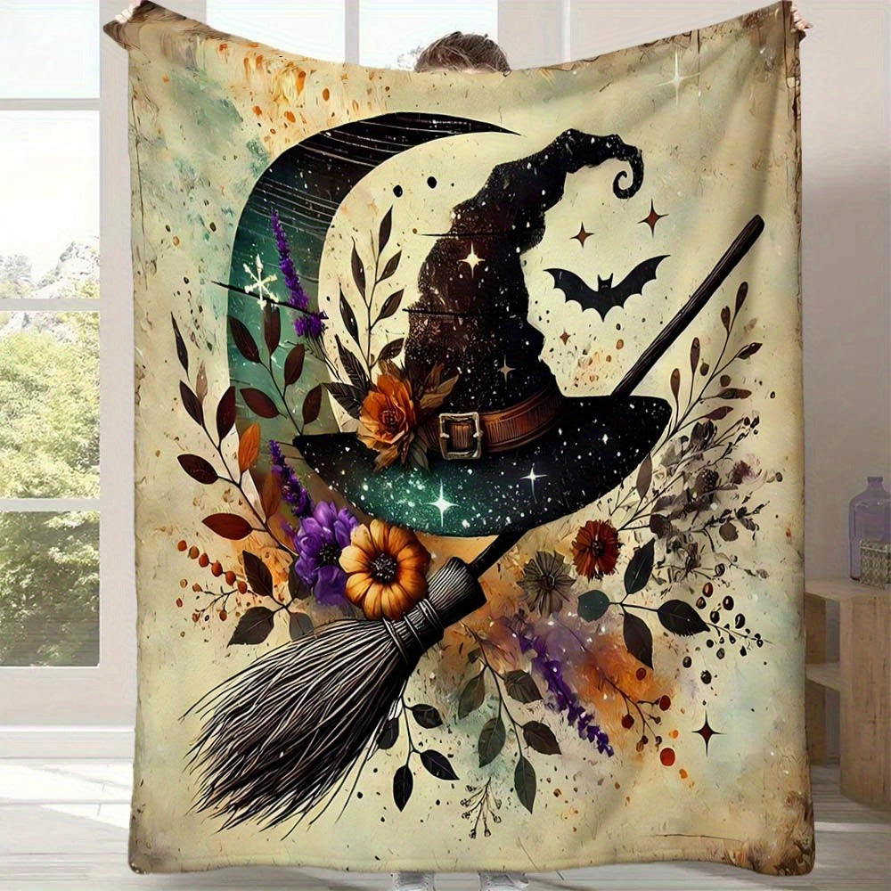 1pc Halloween Witch Hat Blanket, Witch Hat Printed Design, Body Cover Blanket, Soft Fleece Plush, Lightweight And Durable, Multi-Size Available, Suitable for Holiday Decor, Living Room Leisure, Bedroom Warmth, Party Decoration