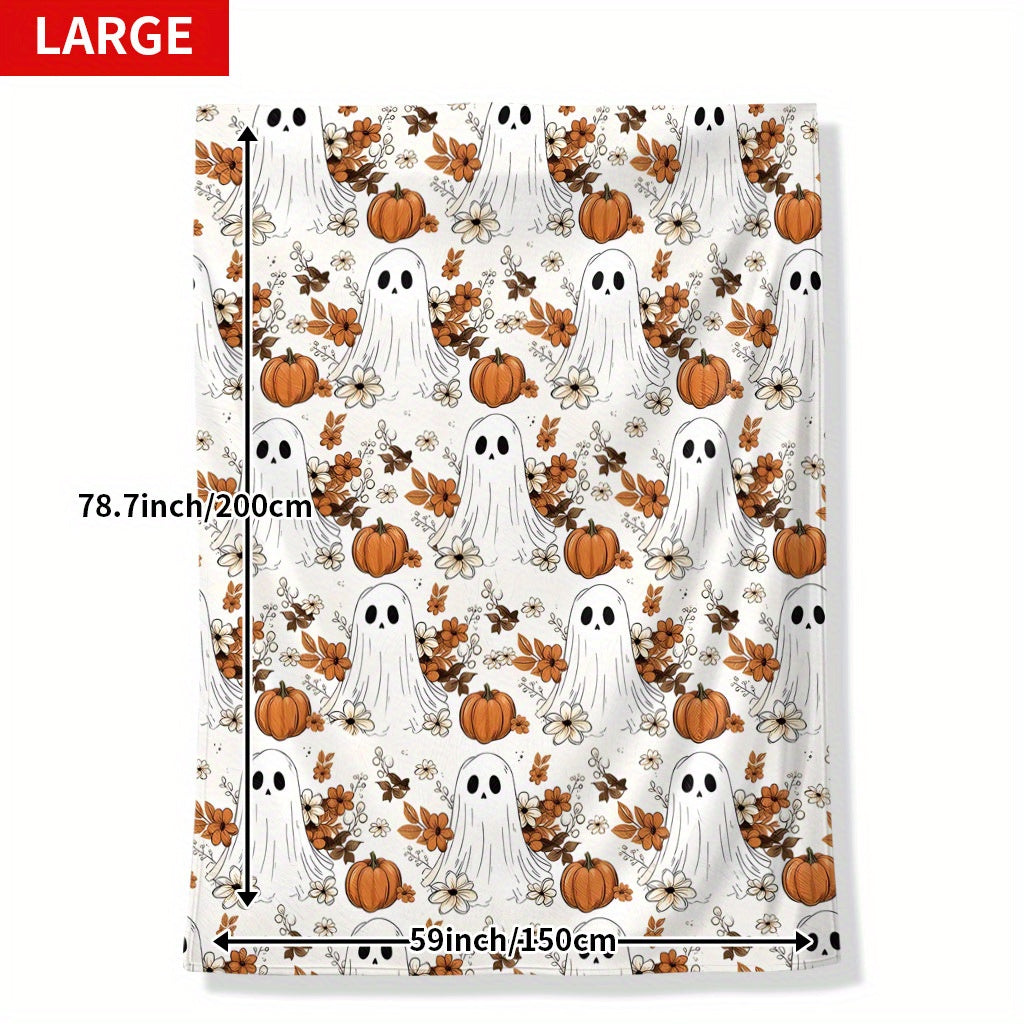 1pc Halloween Pumpkin Ghost Print Blanket, Autumn Theme Throw, Ultra-Warm Soft Comfortable Fleece Blanket, Multi-Size Available, Suitable for Bedroom, Living Room, Sofa, Balcony