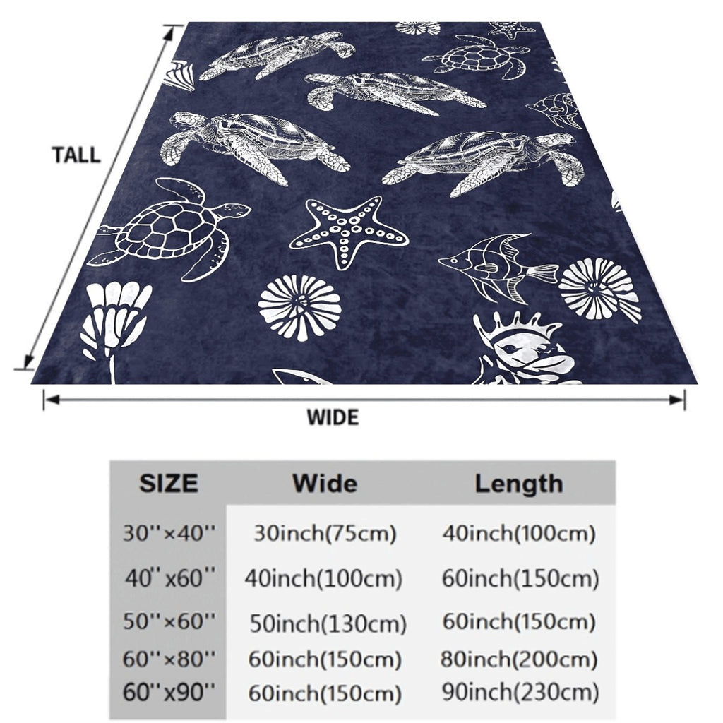 1pc Soft Flannel Throw Blanket Navy Blue with White Turtle Starfish Coral Print, Cozy All-Season Sea Animal Pattern Blanket for Bed Couch