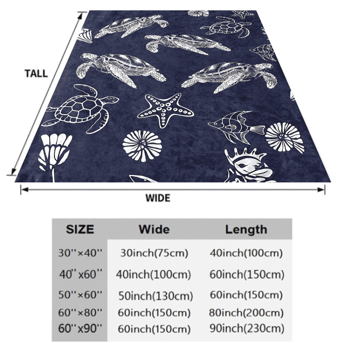 1pc Soft Flannel Throw Blanket Navy Blue with White Turtle Starfish Coral Print, Cozy All-Season Sea Animal Pattern Blanket for Bed Couch
