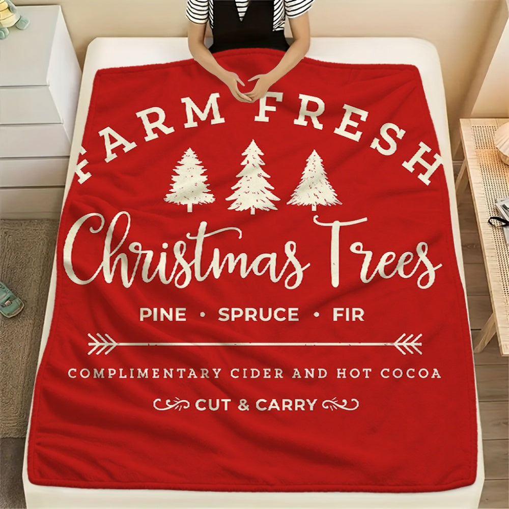 1pc Christmas Red Pine Tree And Holiday Text Design Flannel Blanket, Soft Plush All-Season Use, Suitable for Living Room Sofa Cover, Home Nap, And Reading Time