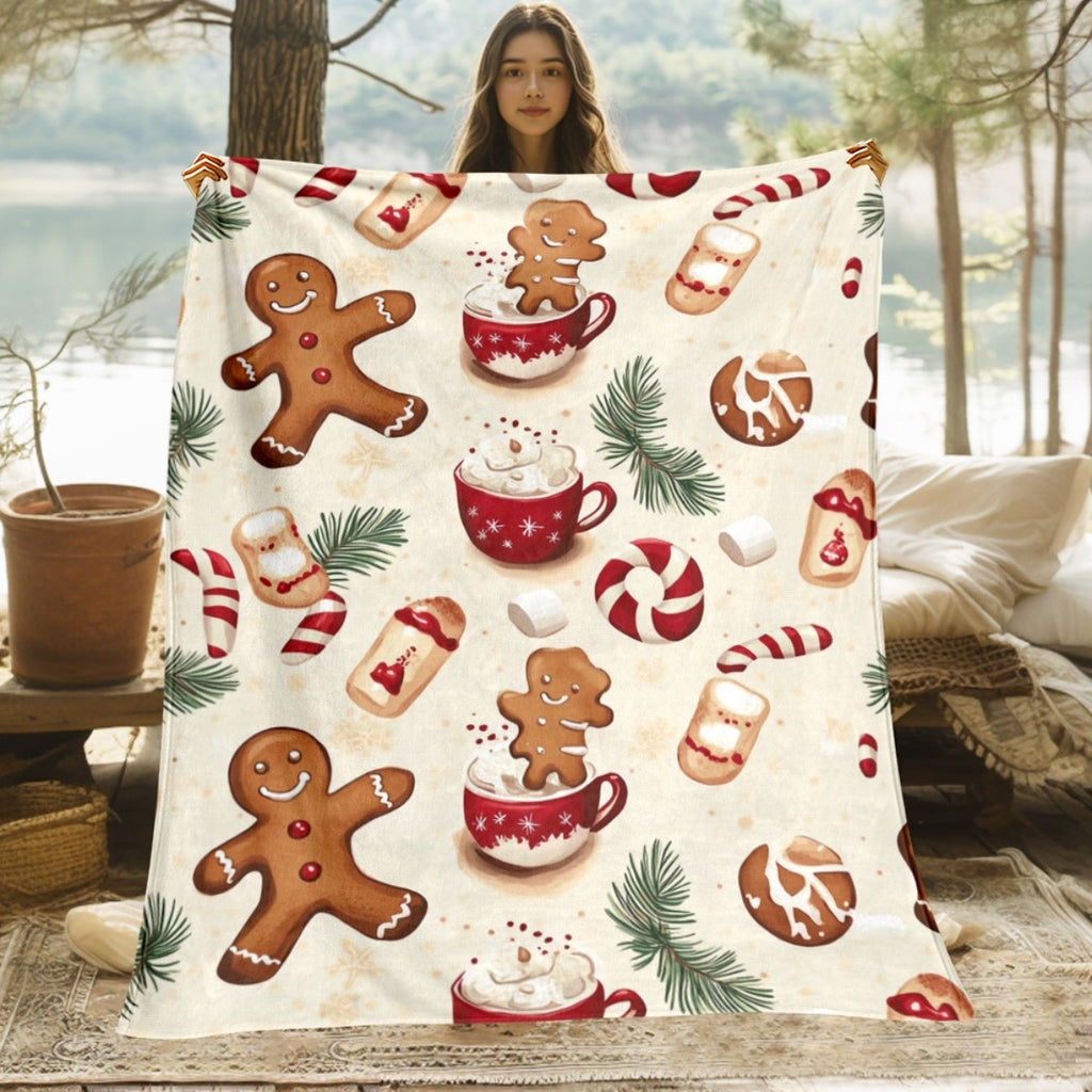 1pc Gingerbread Man And Christmas Hot Drink Theme Beige Blanket, Festive Decor Design, Large Plush Throw Blanket, Suitable for Weekend Sofa Naps, Home Afternoon Rest, Office Nap