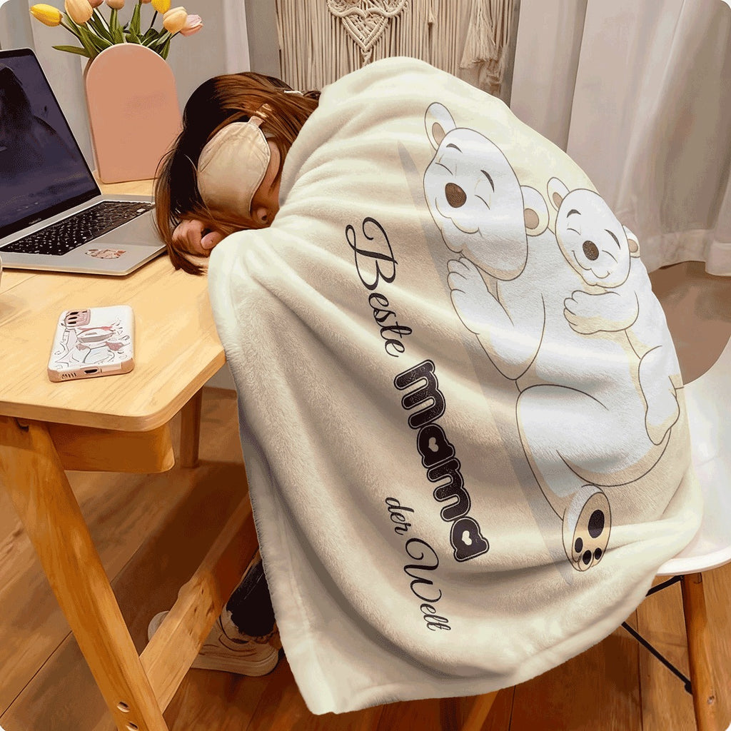 1pc Vintage Polar Bear Flannel Throw Blanket for Mom All Seasons, Soft Digital Print Polyester Fleece Blanket 200-250g, Best Mom in the World Gift German Text, Cozy Sofa TV Blanket Withou