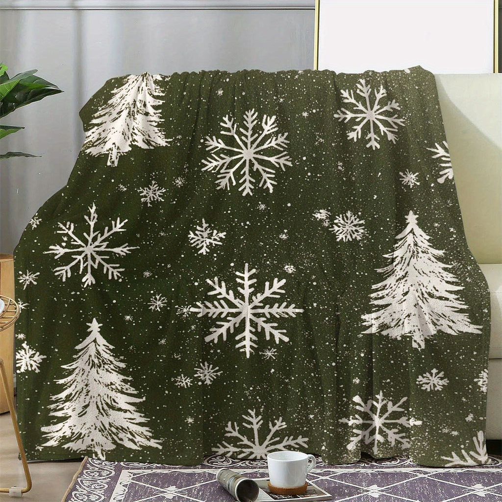 Comfortable Vintage Winter Blanket - Soft And Warm Flannel with Snowflake And Cedar Print, Olive Green And White All-Season Cover for Sofas, Cars, Camping - Machine Washable Christmas Gifts, Small Shoulder Blanket