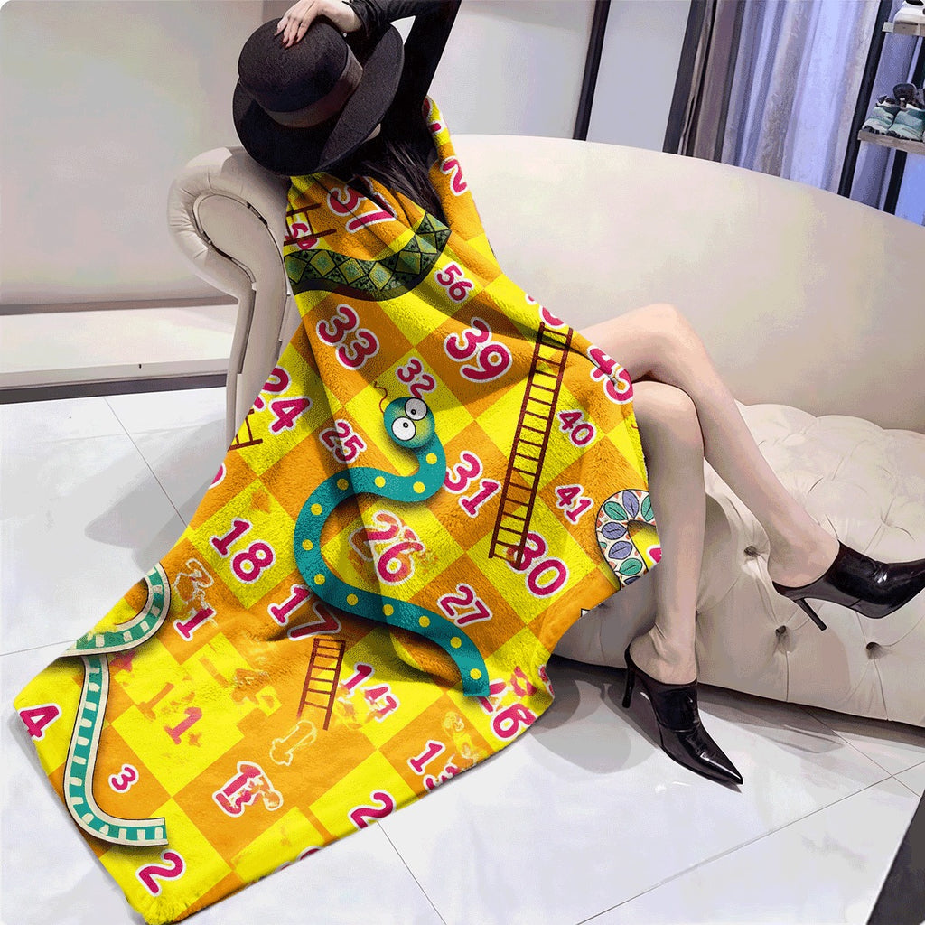 1pc Cozy Cartoon Snake And Number Board Game Flannel Throw Blanket Soft Reversible All-Season Comfort for Sofa Camping Machine Washable