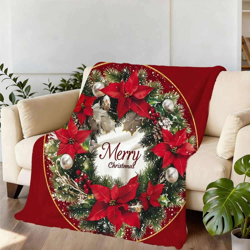 1pc, 1 Christmas Wreath-themed Red Flannel Blanket, Soft, Comfortable, and Warm, with a Festive Design and Durable Plush Surface. A Four-season Universal Sofa Throw and Warm Cover Blanket, Available in Multiple Sizes. Suitable for Living Room Sofas