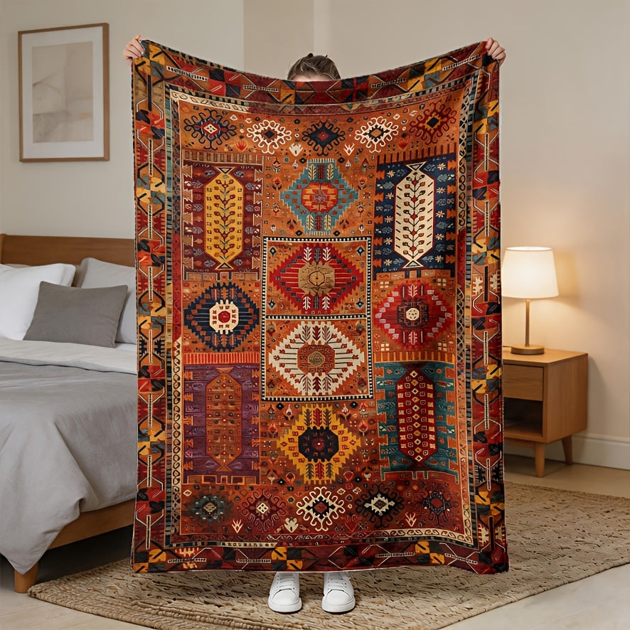 A Bohemian Geometric Patterned Fleece Blanket - Suitable for All Seasons, Soft And Warm, Perfect for Camping, Travel, Car, And Office Use - Machine Washable, Comfortable Home Decor, Vibrant Colors, Exquisite Pattern Craftsmanship, Modern Style