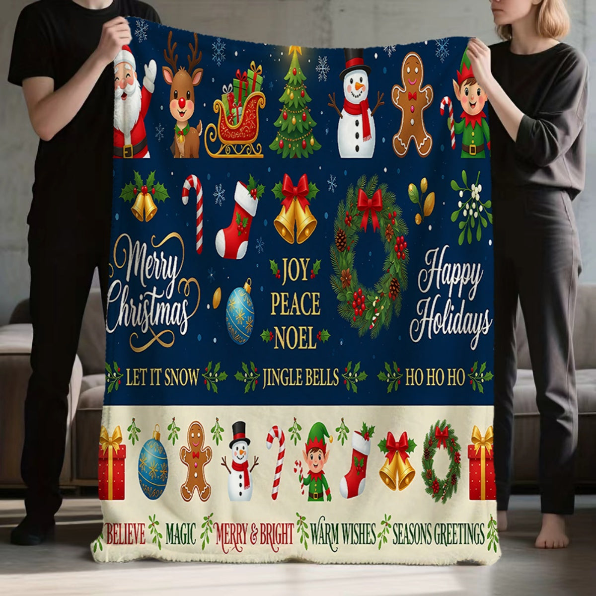 1pc, Santa Claus and Reindeer Pattern Dark Blue Flannel Blanket, Soft, Comfortable, and Warm, Holiday Themed Design, Durable Plush Surface, All-Season Universal Sofa Blanket, Warm Cover Blanket, Multiple Sizes Available, Suitable for Living Room
