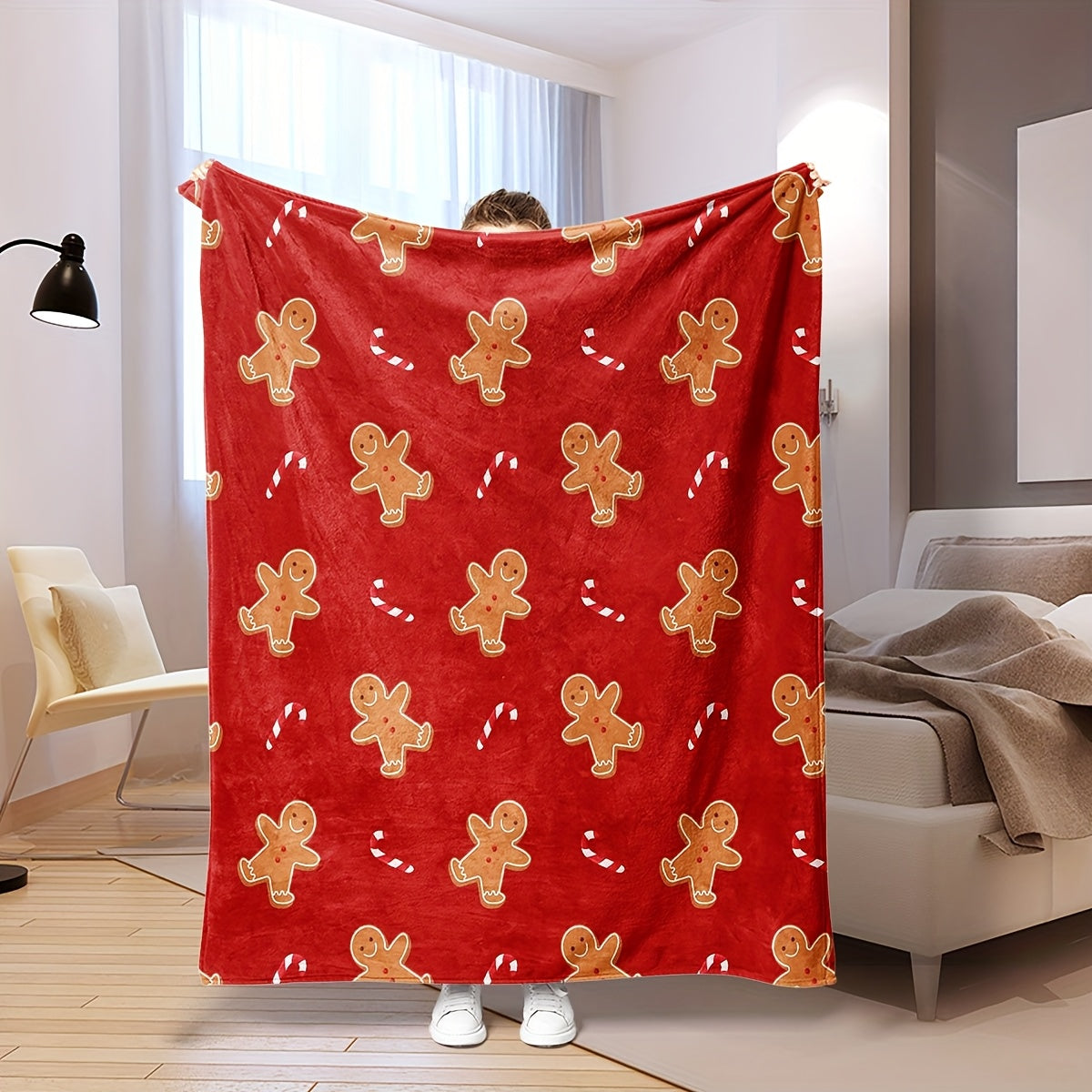 -1pc Winter Christmas Atmosphere Gingerbread Man Blanket, Red Flannel Blanket with Candy Cane Pattern, Color Digital Print, Machine Washable, Thickened Soft Thermal Blanket, Air-Conditioned Room Blanket, Home And Office Thermal Nap Blanket