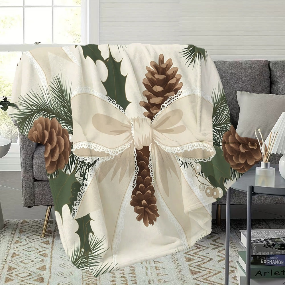 1pc Christmas Pinecone Bow Pattern Flannel Blanket, Soft, Comfortable, and Warm, Beige and Green Design, All-season Universal Blanket, Warm Throw Blanket, Multiple Sizes Available, Suitable for Living Room Sofas, Bedroom, Leisure Reading