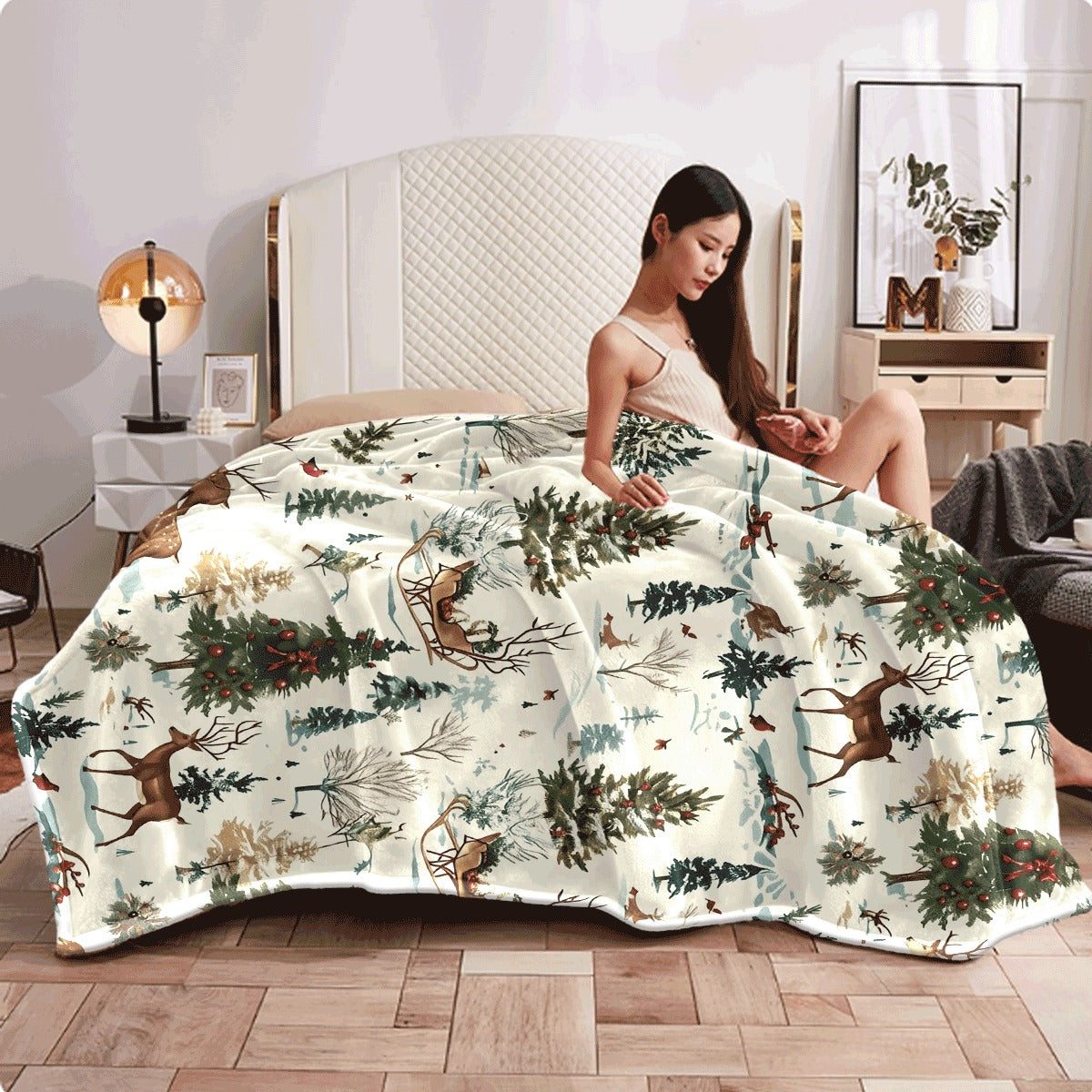1pc Christmas-Themed Flannel Blanket Soft Lightweight & Warm All-Season Cozy Throw with Deer & Pine Tree Design Perfect for Sofa Office Camping