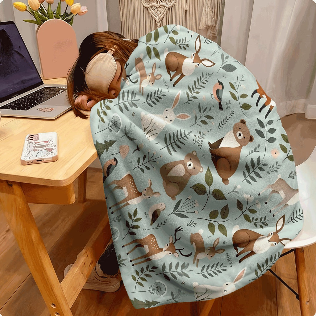 1pc Cute Forest Animal Flannel Blanket Soft Flannel Throw with Deer Bear Fox Rabbit And Birds Print Cozy All-Season Spread for Couch Sofa Room Decor