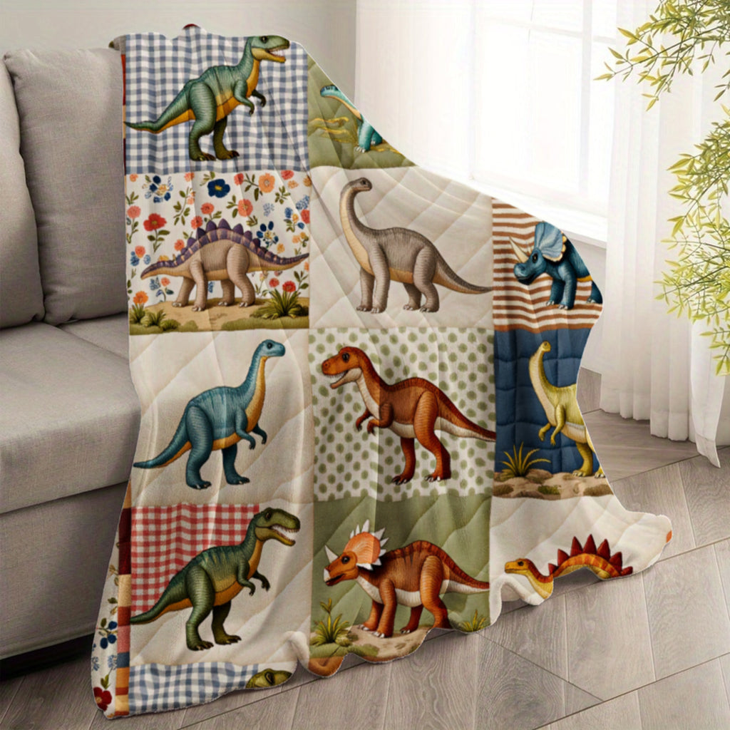 This Digital Print Flannel Blanket Features a Retro Floral Border And Various Dinosaurs Like T-Rex, Stegosaurus, And Triceratops. It's Soft, Warm, And Comfortable, Making It Perfect for Use in The Bedroom, Living Room