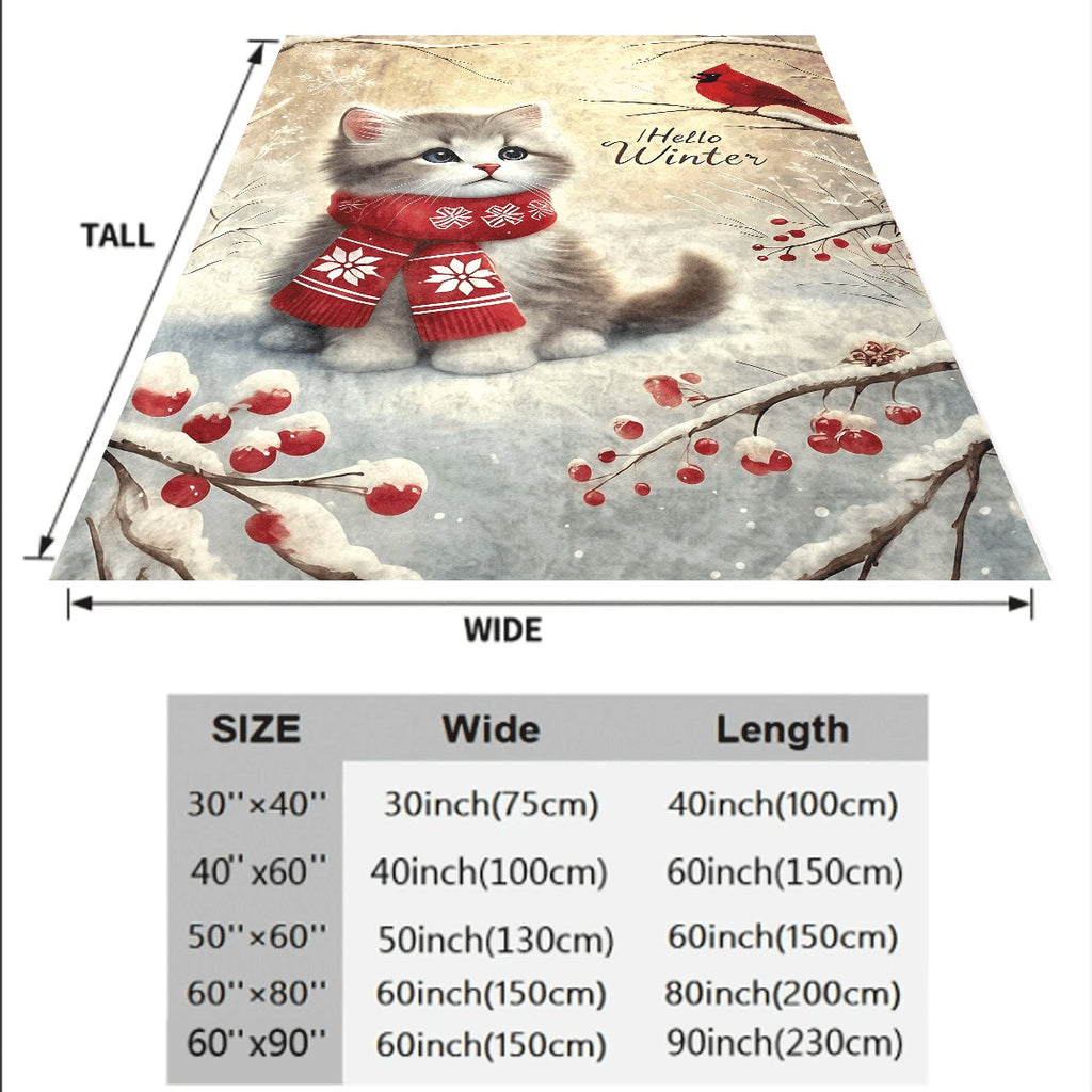 1pc Christmas Flannel Blanket Hello Winter Cat and Cardinal Design Soft Warm Cozy Sofa Office Throw Blanket Nap Blanket Halloween Christmas Gift