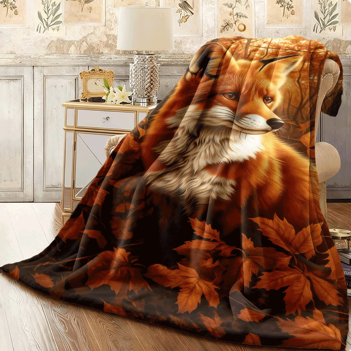 1pc Fox in Autumn Leaves Throw Blanket Realistic Fox And Fall Foliage HD Digital Print Soft Lightweight Flannel All-Season Blanket for Couch Travel Home Office Cozy Warm Decorative Ac