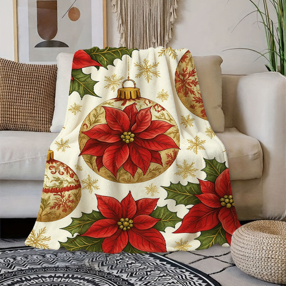 1pc of Cream Beige Flannel Blanket with Christmas Red and Green Floral and Golden Snowflake Patterns, a Christmas Winter Body Blanket, Soft Plush for All Seasons, Suitable for Home Naps, Weekend Sofa Snoozes, and Seasonal Home Use