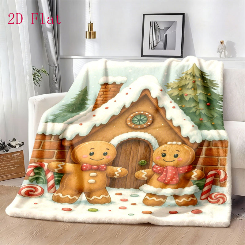 1pc Gingerbread Man And Snow House Pattern Warm Yellow Flannel Oversized Blanket, Christmas Winter Decor, Holiday Home Decoration, Reading Time, Home Nap Use
