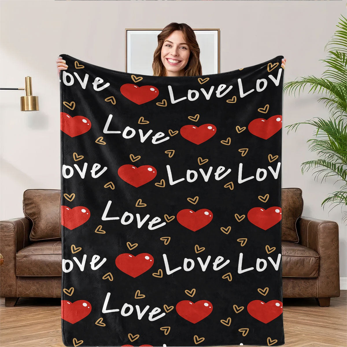 1pc Love Print Flannel Blanket | Soft Warm All-Season Quilted Throw with Red Hearts & Love Lettering, Plush Polyester Bedspread for Napping, Camping, Travel, Home Decor - Ideal Valentine'S Day Gift, Cozy Bedding, Romantic Theme