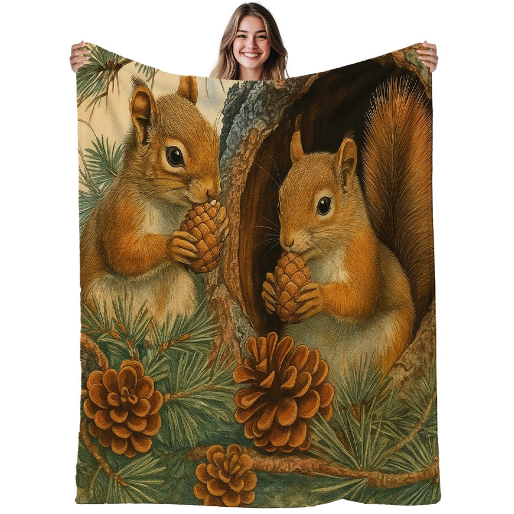 1pc Pinecone And Squirrel Brown Green Natural Style Flannel Blanket, Durable Plush Warm Throw, Suitable for Reading Time, Home Nap, Weekend Sofa Relaxation