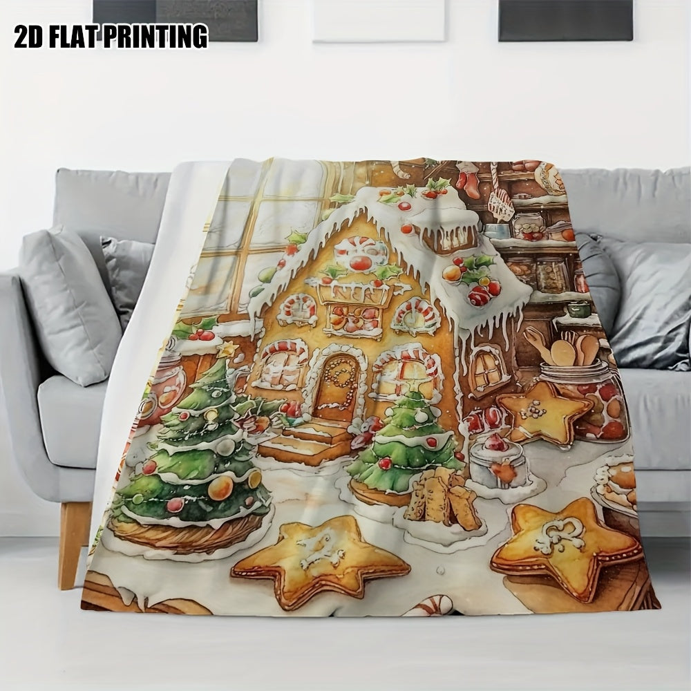 1pc Gingerbread House And Christmas Tree Theme Flannel Oversized Blanket, Festive Decor Design, Large Plush Throw, Suitable for Reading Time, Dorm Life, Balcony Leisure