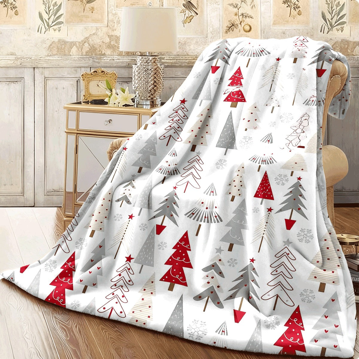 1pc Christmas Tree Pattern Flannel Blanket Soft Plush Flannel Throw with Colorful Christmas Trees & Snowflakes Cozy Warm Throw Blanket for Sofa Living Room All-Season Decorative Xmas Blanket