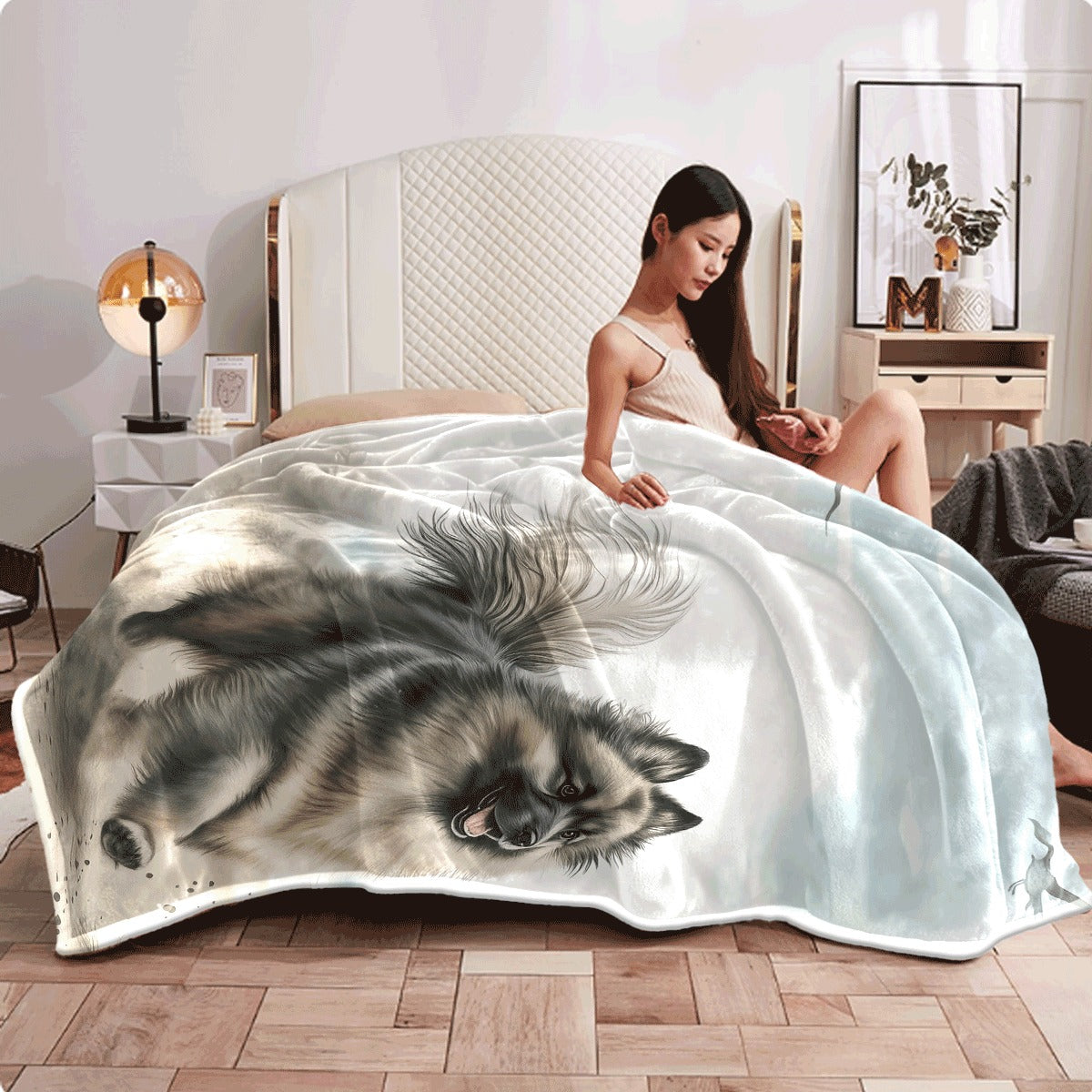 1pc Blanket Single Sided Printed Blanket Keeshond Dog Super Soft Cozy Throw Blanket for Sofa for Home Office Lunch Break