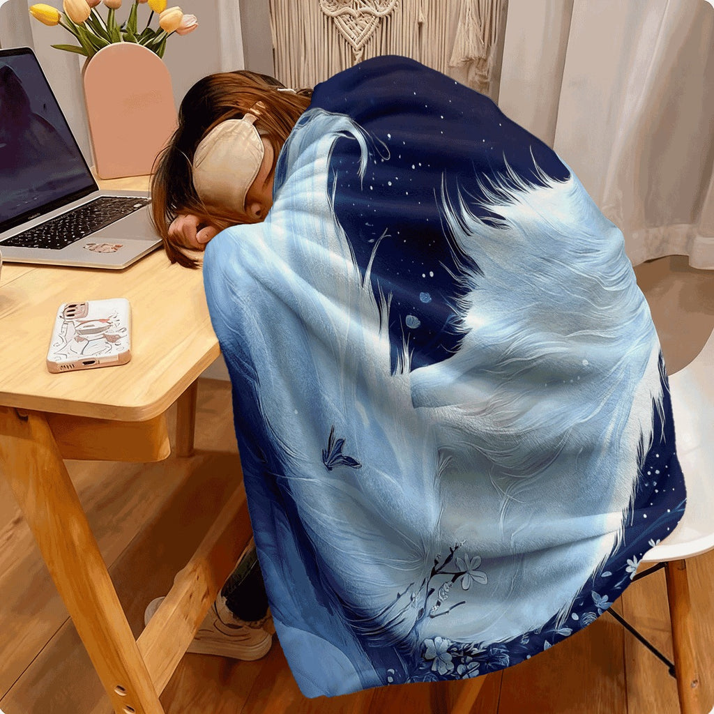 1pc White Fox Under Moon Blanket Luxurious Flannel Winter Warmth Soft Lightweight All-Season Throw with White Fox & Snowflake Night Sky Print (Dark Blue Navy) for Sofa Camping Magical