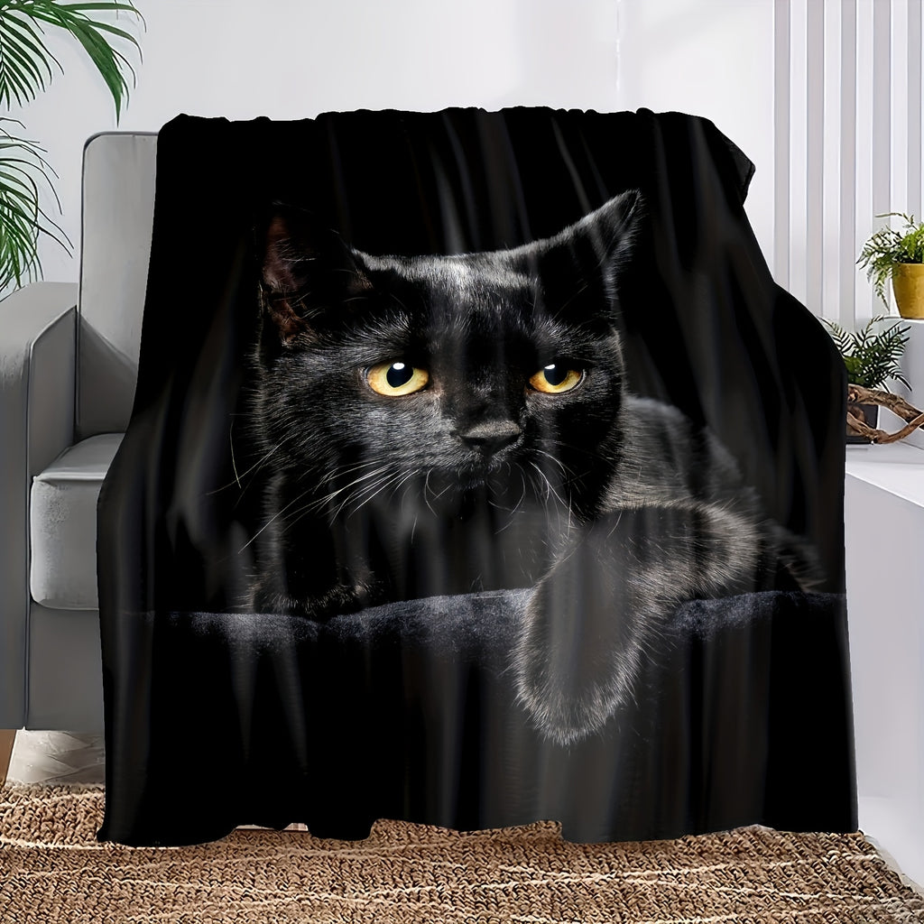 1pc Ultra Cozy Super Soft Black Cat Print Flannel Blanket - Throws for All-Season Warmth And Snugness - Perfect Luxurious Gift for Couch, Sofa, Bed, Camping & Travelling with Soft Brushed Fabric And Versatile Design