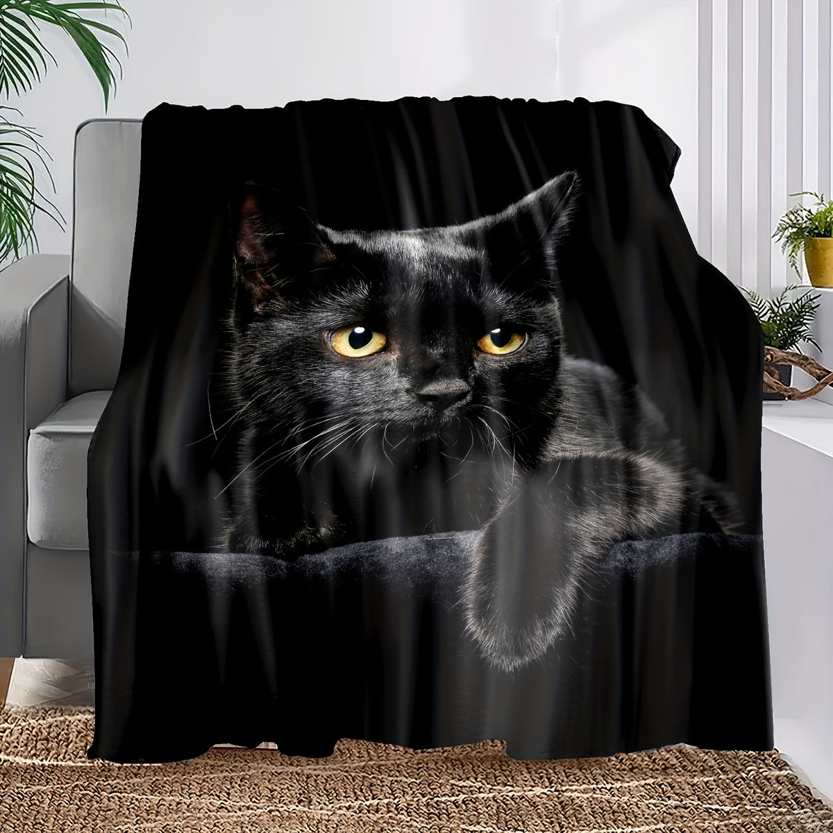 1pc Ultra Cozy Super Soft Black Cat Print Flannel Blanket - Throws for All-Season Warmth And Snugness - Perfect Luxurious Gift for Couch, Sofa, Bed, Camping & Travelling with Soft Brushed Fabric And Versatile Design