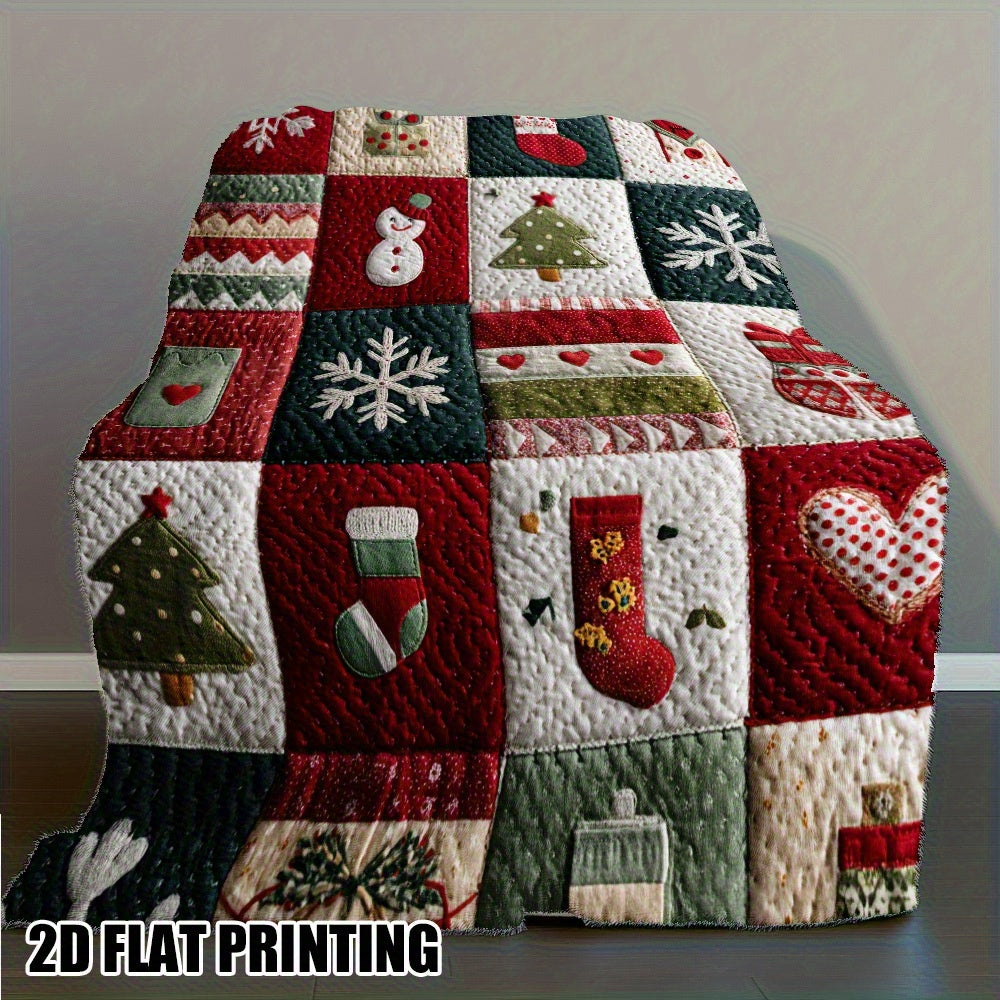 Cozy Christmas Quilt Print Flannel Throw Blanket- Soft, Warm, and Festive Design with Snowmen, Trees, and Holiday Decor- Perfect for Sofa, Bed, Chair, Living Room, or Office- Ideal Gift, Shipped Next Day, 280gsm, Christmas Decorations for Home