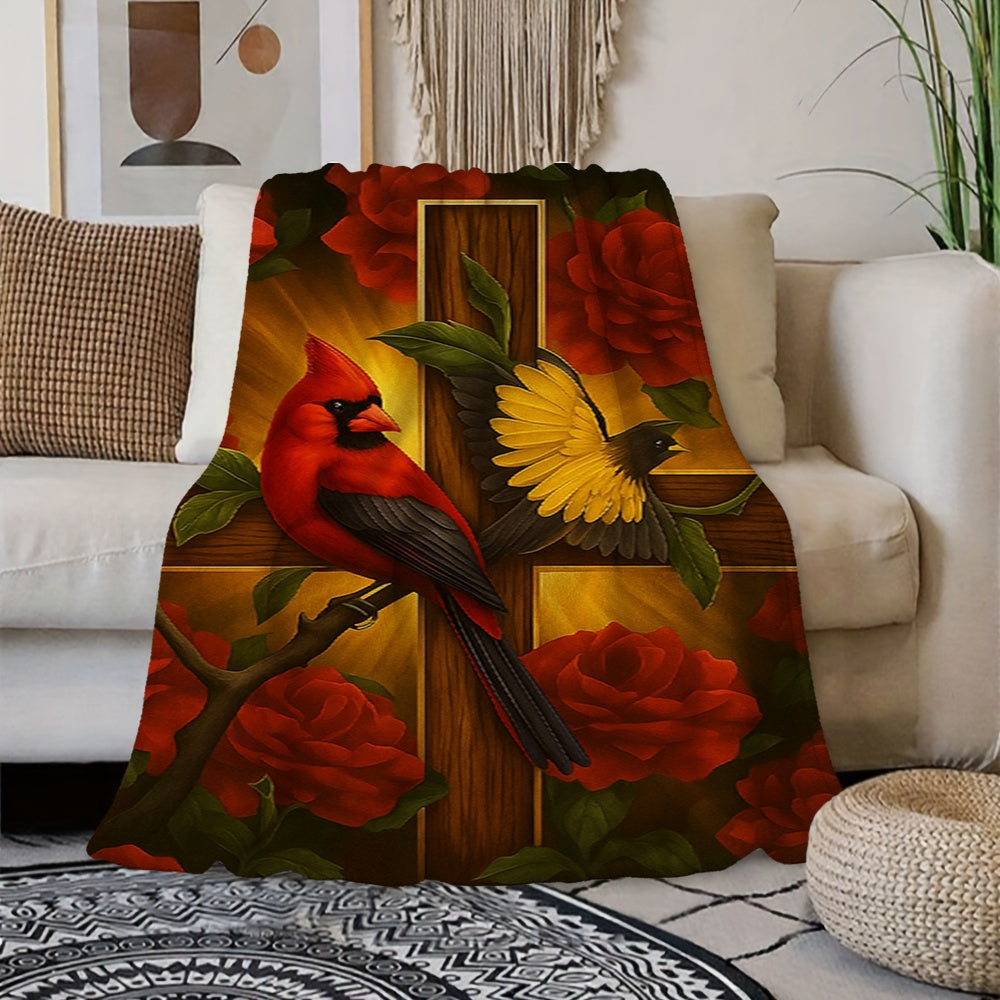1pc Flannel Blanket with a Red, Yellow, and Black Bird and Rose Cross Pattern, Featuring a Festive Religious Theme Design. Warm Plush Surface, Suitable for All Seasons. Ideal for Use on Bedroom Beds, Office Naps, and Balcony Leisure