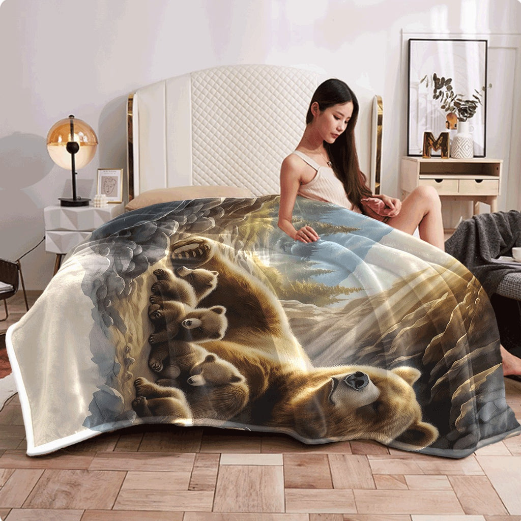1pc Cozy Bear Cub & Parent Flannel Throw Blanket Quilted Spread All-Season Soft Covering Machine Washable Contemporary & Room Decor Cute Bear Family Gift 200-250gsm 280ksm