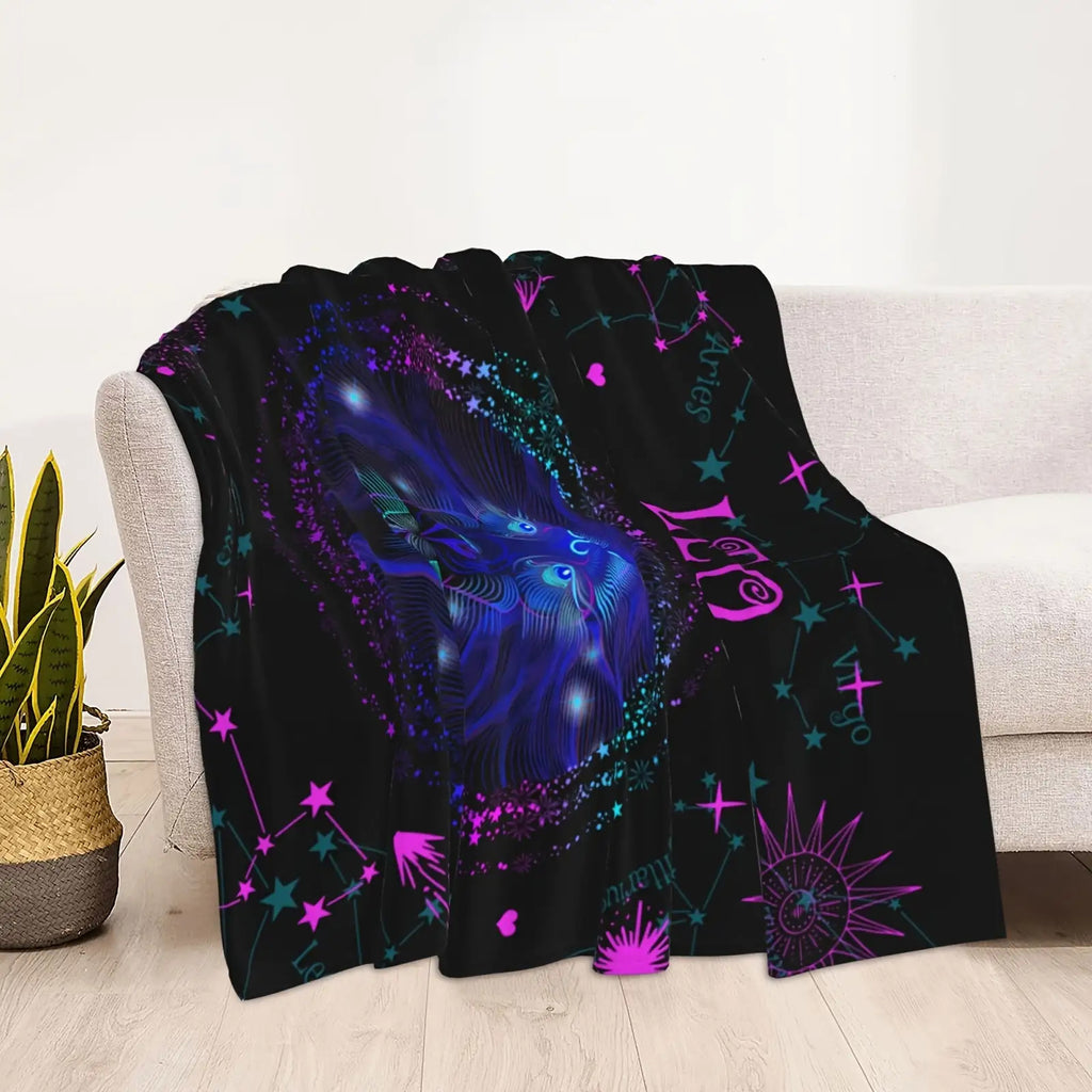 1pc a Leo-Themed Zodiac Constellation Blanket Featuring Stars And Astrological Symbols, Measuring 60 Inches by 80 Inches. This Soft Flannel Throw Is Suitable for All Seasons And Can Be Used for Camping Or As Home Decor. It Makes a Great Birthday Or