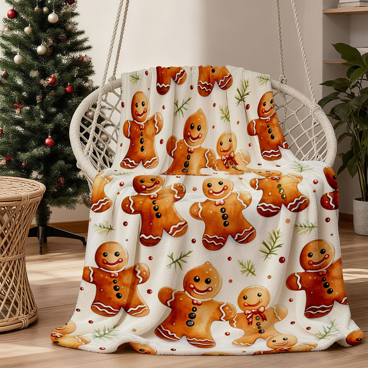 1pc Gingerbread Man And Christmas Pine Branch Theme White Blanket, Winter Holiday Design, Large Plush Throw Blanket, Suitable for Living Room Sofa Cover, Weekend Sofa Nap, Seasonal Home Use