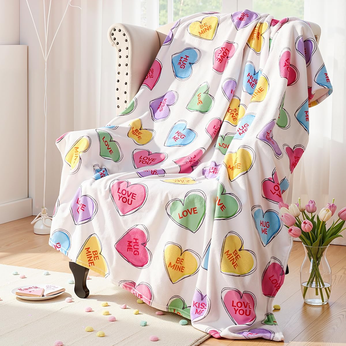 Valentines Day Decor: Hand-Painted Candy Heart Flannel Flannel Throw Blanket, Ultra Soft Plush Travel Blanket, Cozy Romantic Valentines Gift for Couple Women Home Bed Sofa Decor 50x60