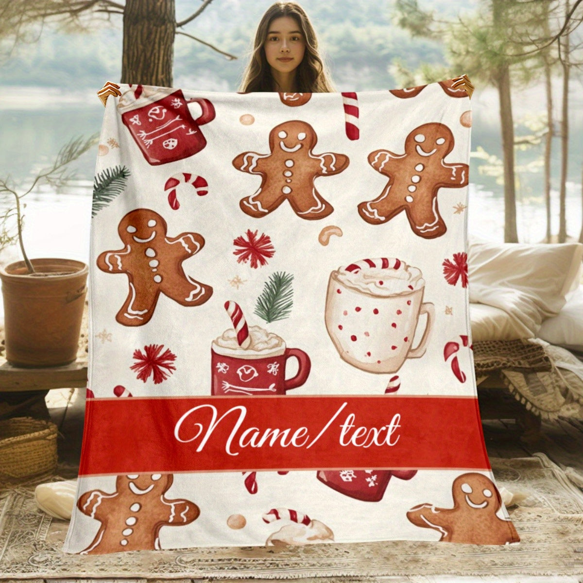1pc Large Flannel Blanket in Red and White with a Christmas Gingerbread for Man and Hot Beverage Pattern, Available in Multiple Full-body Sizes. Features a Christmas Winter Decorative Design, Suitable for Home Naps, Bedroom Bedding, and Seasonal Home