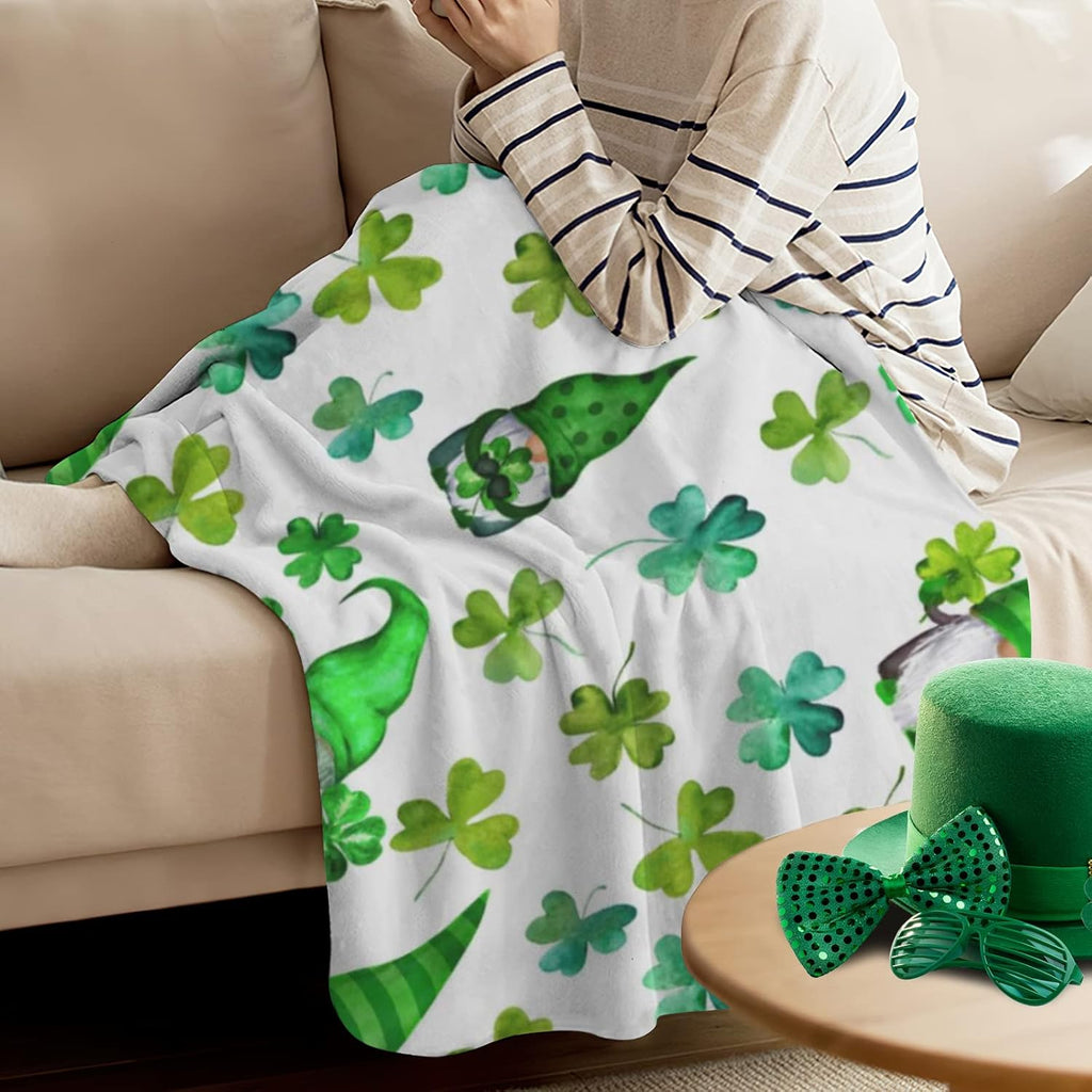 Jbralid St. Patrick'S Day Clover Gnome Throw Blanket in Green, Featuring a Soft, Lightweight, And Durable Flannel Design, Perfect for Decorating Your Sofa, Couch, Or Bedroom. Measures 40X50 Inches