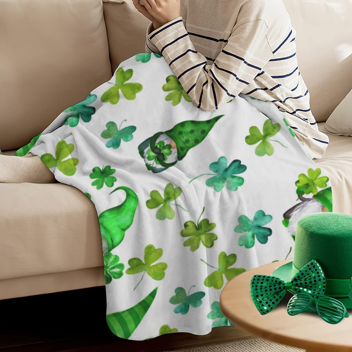 Jbralid St. Patrick'S Day Clover Gnome Throw Blanket in Green, Featuring a Soft, Lightweight, And Durable Flannel Design, Perfect for Decorating Your Sofa, Couch, Or Bedroom. Measures 40X50 Inches