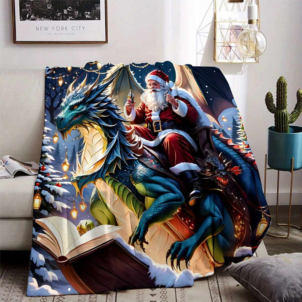 2D Flat Printing, 1pc Flannel Santa Claus Riding Dragon Printed Blanket, Fantasy Dragon And Santa Claus Design - Soft, Warm, And Comfortable, Lightweight And Durable, Multiple Sizes Available, Ideal for Christmas, Living Room Decor, Holiday Parties