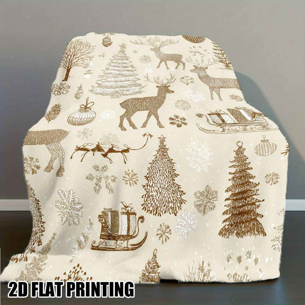 Ultra-Soft Beige Golden Christmas Blanket - Vintage Winter Reindeer Snowflake Pattern - All-Season Indoor And Outdoor Sofa Cover, Camping Home Decor - Luxurious Flannel Cover Or Decorative Blanket, Cozy Festive Atmosphere