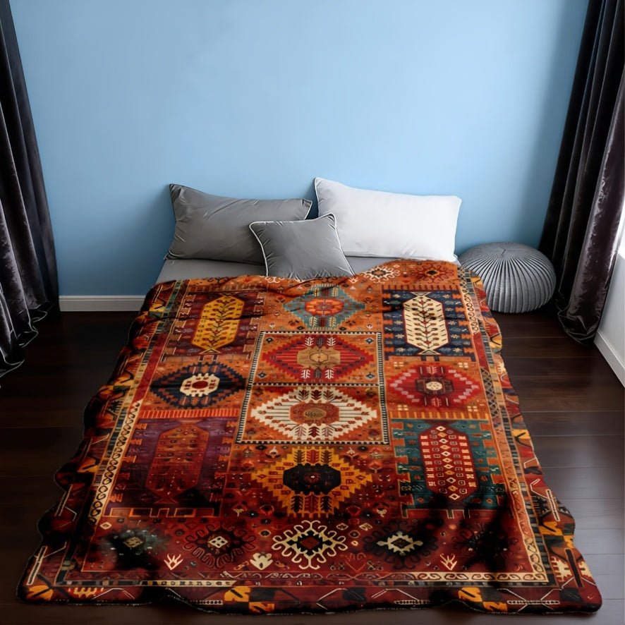 A Bohemian Geometric Patterned Fleece Blanket - Suitable for All Seasons, Soft And Warm, Perfect for Camping, Travel, Car, And Office Use - Machine Washable, Comfortable Home Decor, Vibrant Colors, Exquisite Pattern Craftsmanship, Modern Style