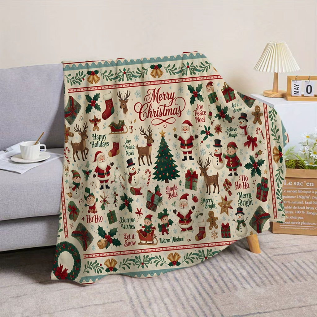 1pc, Santa And Reindeer Pattern Christmas Theme Flannel Blanket, Soft Comfortable Warm, Beige And Red Design, Durable Plush, All-Season Sofa Blanket, Warm Cover, Multiple Sizes Available, Suitable for Living Room Sofa, Bedroom, Reading Corner
