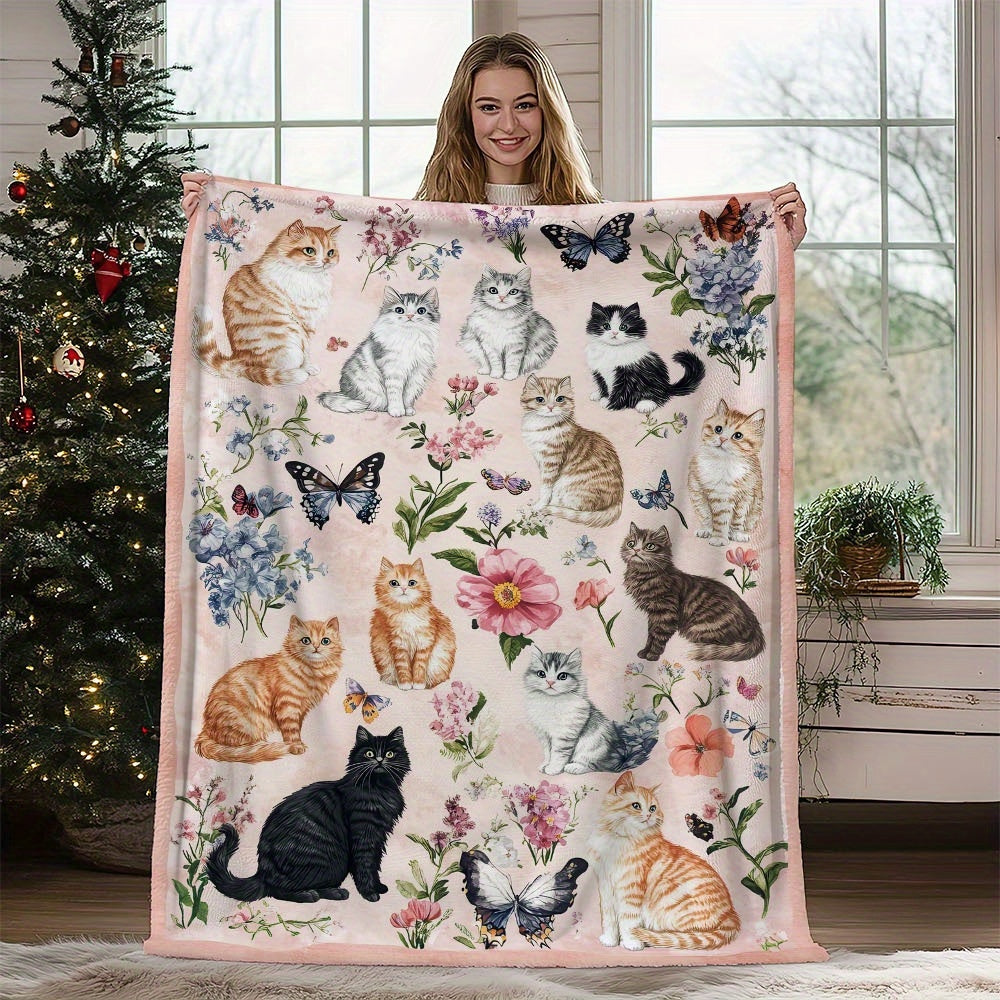 1pc Cozy Soft Fluffy Fleece Throw Blanket with Cute Cats And Floral Design - Light Pink Background, 250-300Gsm Polyester, Perfect for Couch, Sofa, Bed, Living Room - All-Season Comfort, Ideal Gift, Cat
