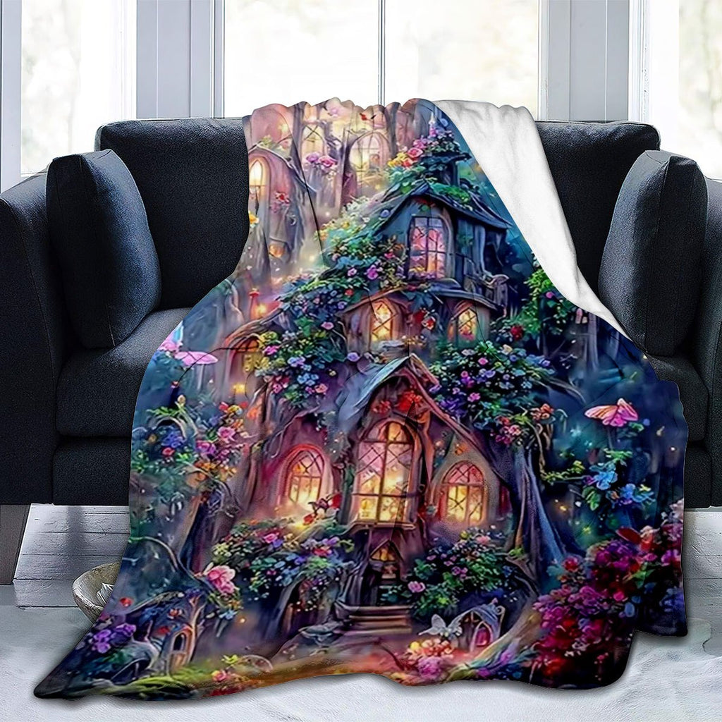 1pc Forest Cabin Blanket, Featuring a Dreamy Castle Pattern Design, with a Soft Plush Surface. Made of Lightweight and Durable Flannel Material, Available in Multiple Sizes. Perfect for Holiday Decor, Living Room Relaxation, Bedroom Warmth