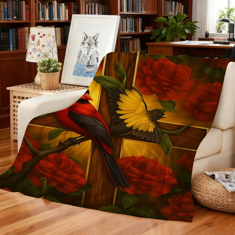 1pc Flannel Blanket with a Red, Yellow, and Black Bird and Rose Cross Pattern, Featuring a Festive Religious Theme Design. Warm Plush Surface, Suitable for All Seasons. Ideal for Use on Bedroom Beds, Office Naps, and Balcony Leisure