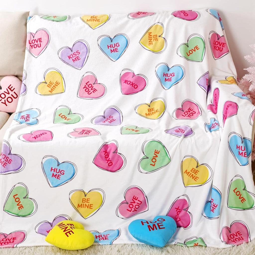 Valentines Day Decor: Hand-Painted Candy Heart Flannel Flannel Throw Blanket, Ultra Soft Plush Travel Blanket, Cozy Romantic Valentines Gift for Couple Women Home Bed Sofa Decor 50x60