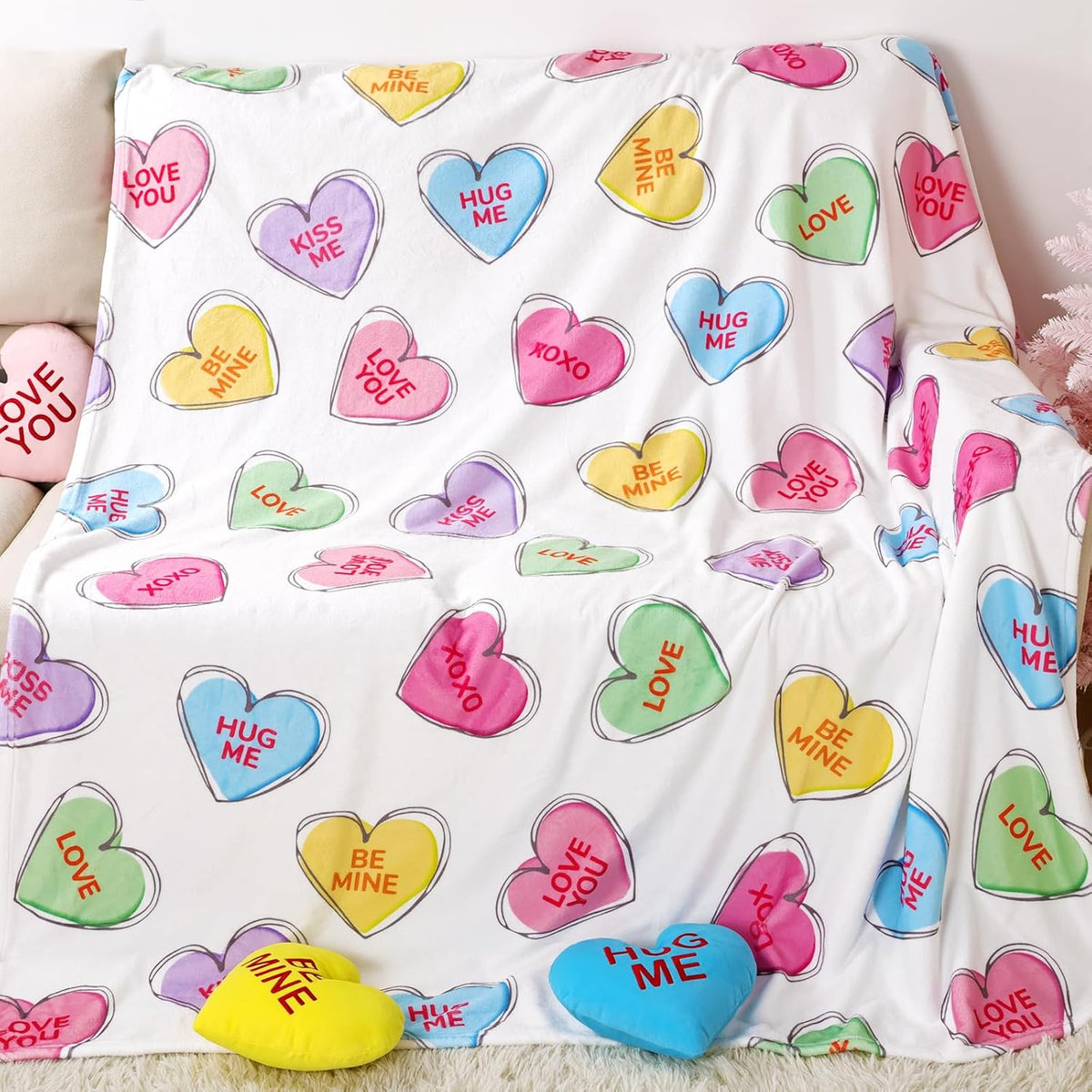 Valentines Day Decor: Hand-Painted Candy Heart Flannel Flannel Throw Blanket, Ultra Soft Plush Travel Blanket, Cozy Romantic Valentines Gift for Couple Women Home Bed Sofa Decor 50x60