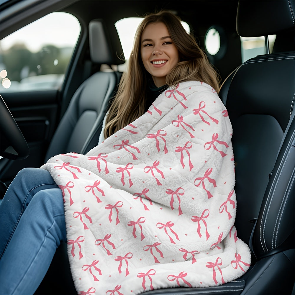 1pc, Flannel Pink Bow Soft And Comfortable Plush Blanket, Christmas Tree Winter Warm Fleece Blanket, Suitable for Sofa, Nap, Large Size Fluffy Comfortable Decorative Sofa Living Room Gift