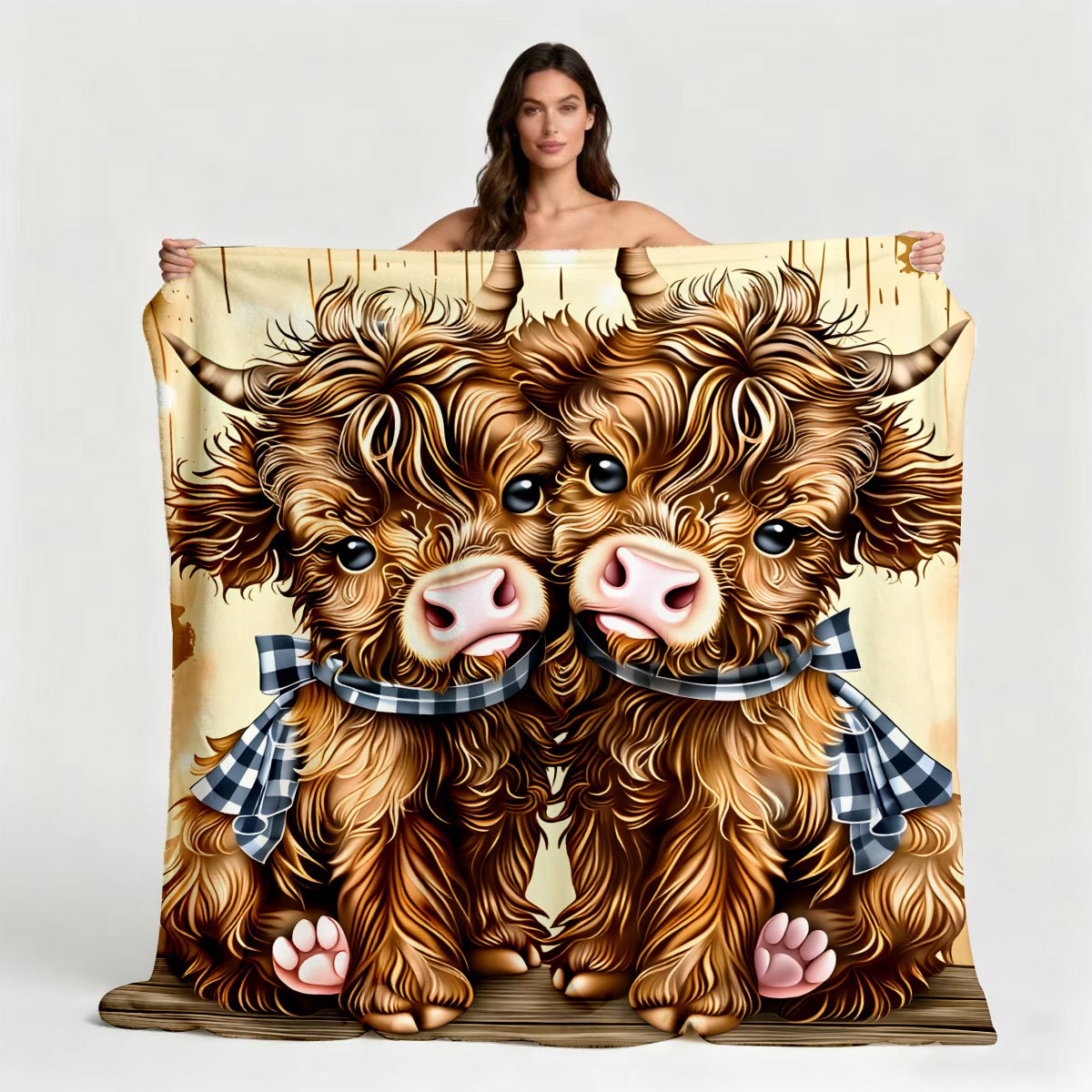 1pc Ultra-Clear Scottish Highland Cow Couple's Full-Print Flannel Blanket, Brown Long Curly Hair with Plaid Bow, Cute and Soothing Decorative Throw Blanket for Bedroom and Sofa