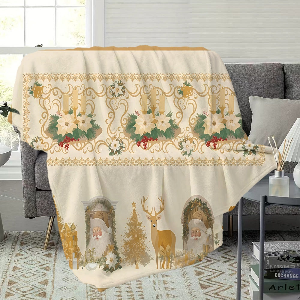 1pc Santa Claus And Reindeer Floral Pattern with Golden Border Design Flannel Blanket, Soft Comfortable Warm, Cream Retro Style, All-Season Sofa Blanket, Warm Coverlet, Multiple Sizes Available, Suitable for Living Room Sofa, Bedroom